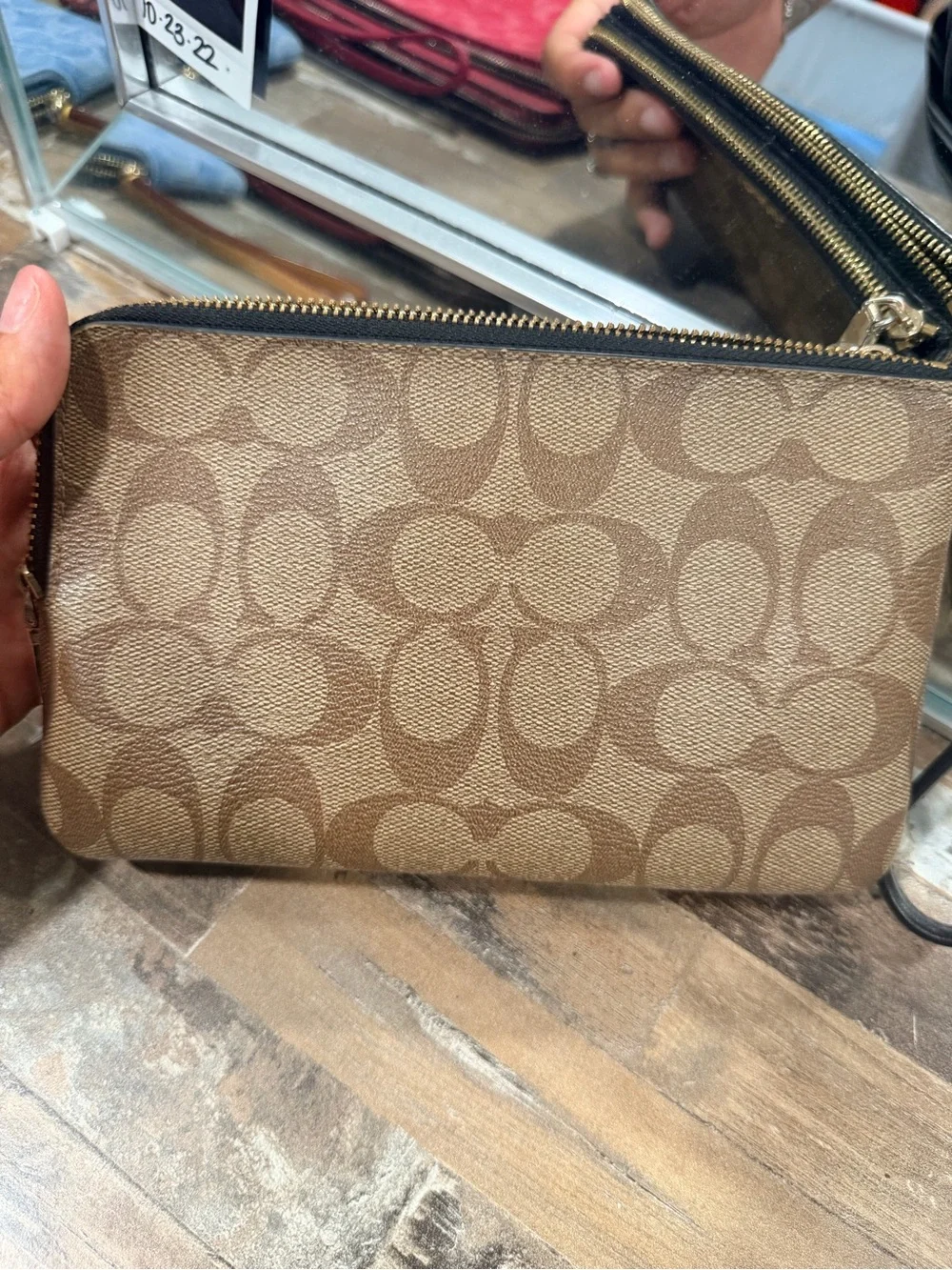 Coach Brown Signature Canvas Wristlet with Gold Logo